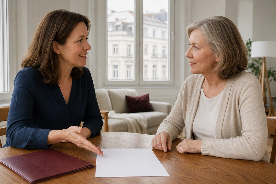 Symbolisches aufmerksames Gespräch zweier Frauen in einer österreichischen Wohnung.