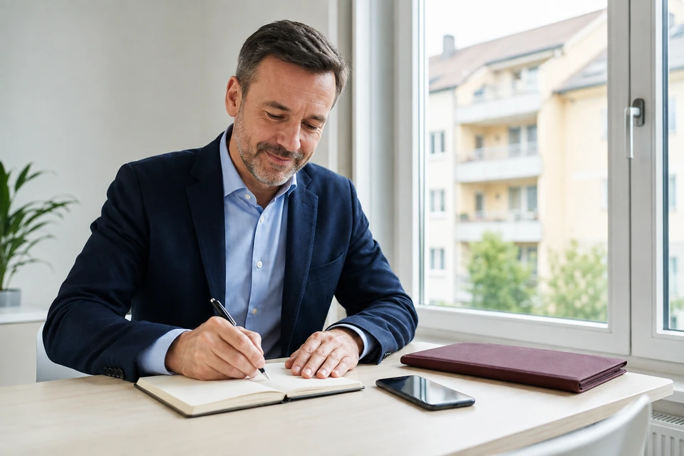 Symbolische Vorbereitung einer verlässlichen Rückmeldung zu einem Immobiliengespräch.